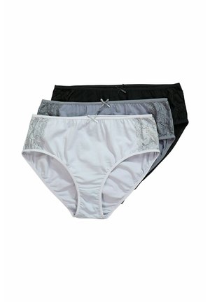 Tres pares de braguitas femeninas en blanco, gris y negro. Cada uno tiene acentos de encaje en los lados y un detalle de lazo en la cintura. Material suave de algodón.