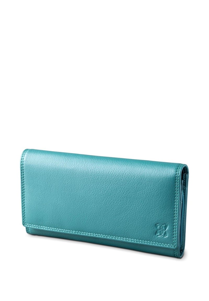Turquoise leather wallet with a smooth texture, slim rectangular shape, and contrasting stitching. Features a subtle logo on one side.