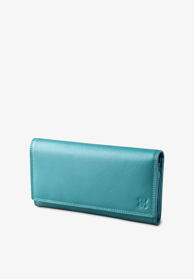 Turquoise leather wallet with a smooth texture, slim rectangular shape, and contrasting stitching. Features a subtle logo on one side.