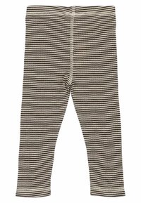 Leggings a rayas en marrón y beige, fabricados con tela suave. Presentan un diseño ajustado con una cintura elástica y costuras cuidadas a lo largo de los bordes.