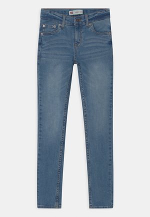 Modré skinny džíny Levi's s pěti kapsami, zapínáním na knoflík a jemným vyblednutím na stehnech a kolenou.