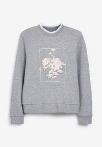Sweat-shirt gris en tissu doux, avec un motif floral blush dans un encadrement rectangulaire et un col à volants.