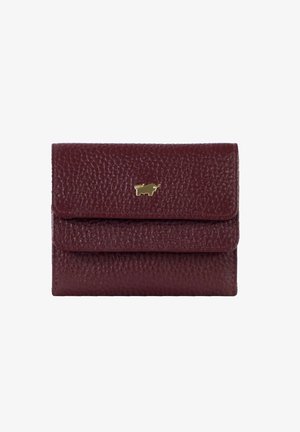 Portafoglio in pelle bordeaux con finitura testurizzata e logo di un toro dorato sulla parte anteriore. Presenta una chiusura a pattina e un design compatto.