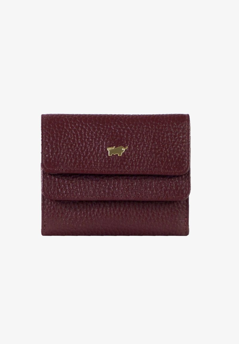 Portafoglio in pelle bordeaux con finitura testurizzata e logo di un toro dorato sulla parte anteriore. Presenta una chiusura a pattina e un design compatto.