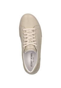 Light beige leather sneaker with a rounded toe, lace-up front, and subtle stitching details. Interior features printed branding.