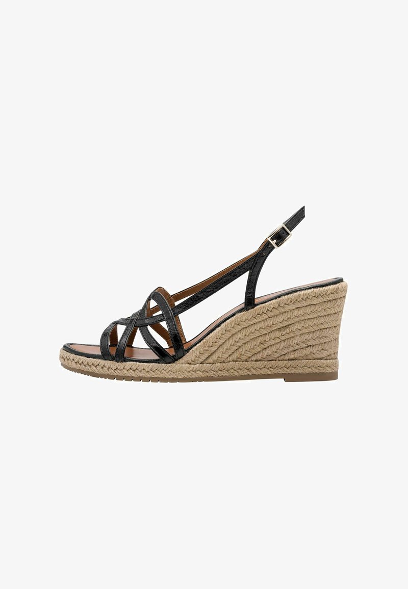Sandale compensée noire à brides avec talon en jute tressé, tige en cuir lisse, bride de cheville ajustable et semelle en caoutchouc antidérapante.