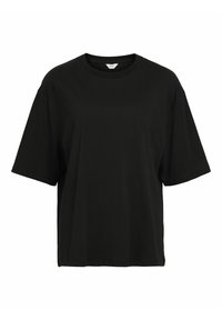 Black oversized t-shirt made of cotton, featuring short sleeves, a round neck, and a smooth texture, with no visible patterns or accents.