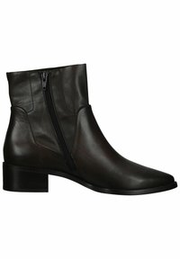 Bottine en cuir noir avec un bout pointu, une fermeture éclair latérale et un petit talon bloc. Texture lisse, design élégant et accents minimalistes.