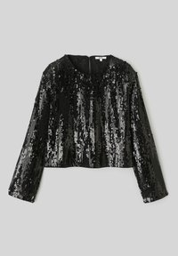 Haut noir à manches longues cropped recouvert de sequins réfléchissants avec une texture côtelée et un col rond. Détail de fermeture au dos visible.