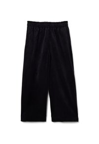 Pantaloni neri cropped realizzati in un morbido e soffice tessuto con una cintura elastica. Presentano una vestibilità ampia e non hanno chiusure o tasche visibili.