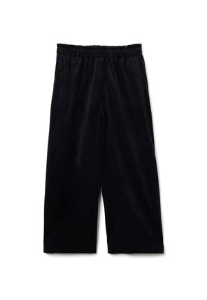 Pantaloni neri cropped realizzati in un morbido e soffice tessuto con una cintura elastica. Presentano una vestibilità ampia e non hanno chiusure o tasche visibili.