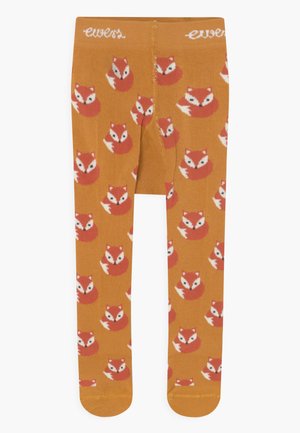 Orange Leggings mit einem wiederholten Muster von zusammengerollten Füchsen in Rot und Weiß. Hergestellt aus weichem Material mit einem bequemen Bund.