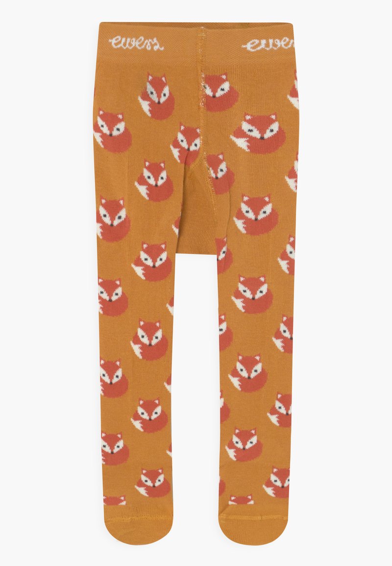 Orange leggings featuring a repeated pattern of curled-up foxes in red and white. Made of soft material with a comfortable waistband.