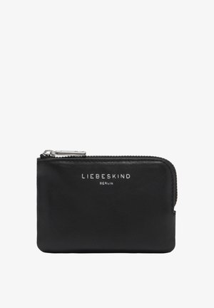 Czarna skórzana sakiewka na monety z suwakiem w kolorze srebrnym oraz logo "Liebeskind Berlin" tłoczonym na biało na środku przedniej strony.