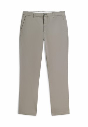 Pantalon slim gris clair avec passants pour ceinture, fermeture à boutons sur le devant et poches latérales inclinées, présenté à plat sur fond blanc.