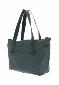 Sac fourre-tout vert foncé en tissu texturé, avec deux poignées courtes et une poche avant. Dispose d'une fermeture éclair et d'un design minimaliste.