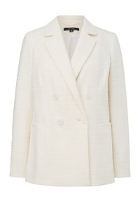 Double-breasted blazer in textured white fabric, featuring notched lapels, two pockets, and white buttons on the front.