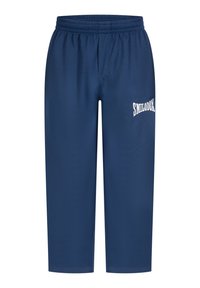 Marineblauwe sportbroek gemaakt van lichtgewicht stof, voorzien van een elastische tailleband en een wit "SMILODON" logo gedrukt op de zijkant.