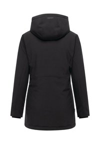 Black long hooded jacket with ragwear logo on hood, displayed from the back, with long sleeves and a fitted waist.