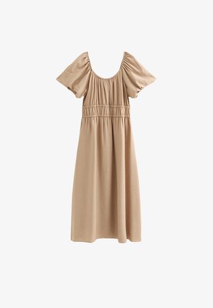 Robe midi beige avec manches courtes bouffantes, encolure froncée et taille cintrée, présentée sur un fond blanc.