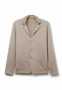 Beige Strickjacke mit tailliertem Reverskragen, aufgesetzten Taschen vorne und vier Knopfverschluss. Weicher Stoff mit einem eleganten Design.
