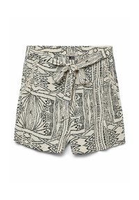 Shorts beige clair avec des motifs abstraits noirs, une taille à nouer et deux poches latérales. Fabriqués dans un tissu texturé.