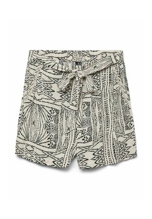 Shorts beige clair avec des motifs abstraits noirs, une taille à nouer et deux poches latérales. Fabriqués dans un tissu texturé.