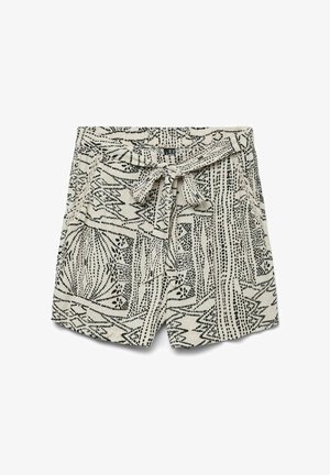 Shorts beige clair avec des motifs abstraits noirs, une taille à nouer et deux poches latérales. Fabriqués dans un tissu texturé.