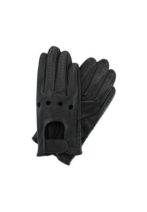 Gants de conduite en cuir noir avec des perforations sur les doigts et les jointures, dotés d'une fermeture à bouton-pression au poignet.