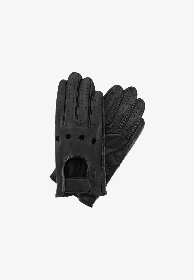 Gants de conduite en cuir noir avec des perforations sur les doigts et les jointures, dotés d'une fermeture à bouton-pression au poignet.