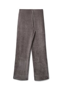 Pantaloni grigi in velluto a coste con una trama a coste, gambe larghe e taglio dritto. Presentano una vita a metà altezza e un design pulito, senza decorazioni.