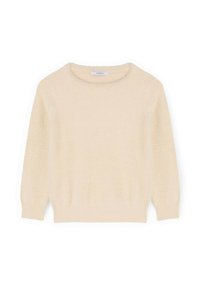 Jasnobeżowy sweter wykonany z miękkiej, teksturowanej tkaniny. Posiada okrągły dekolt oraz długie rękawy zakończone ściągaczami na mankietach i u dołu.