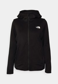 Sweat à capuche noir zippé avec poches avant et capuche, avec un petit logo blanc The North Face sur la poitrine gauche.