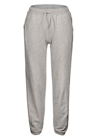 Grijze sportieve sweatpants van zachte stof, met een elastische tailleband, een trekkoord en broekspijpen met boorden. Inclusief twee zijzakken.