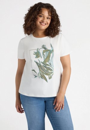 Kortekleurig wit T-shirt met korte mouwen, voorzien van een meerkleurig bladontwerp met vloeiende lijnen en stikdetails aan de voorkant. Regular fit.
