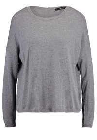 Harmaa neulepaita pitkillä hihoilla, pyöreällä pääntiellä ja rentoa istuvuutta. Kankaan pinta on sileä ja siinä on poikkisaumadetaileja helmassa.