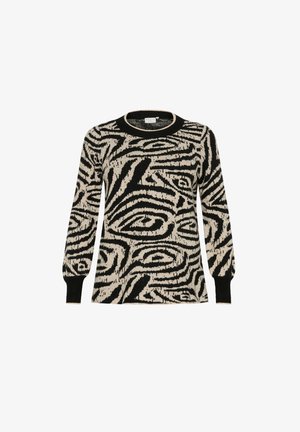 Stickad tröja med ett svart och beige abstrakt virvelmönster, rund halsringning och långa ärmar med ribbade muddarna.