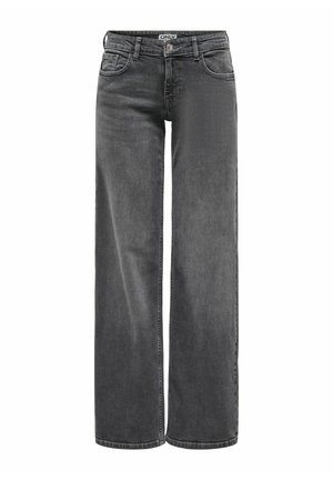 Wide-leg jeans in dark gray denim, featuring a high waist, five-pocket design, button closure, and contrast stitching. Smooth texture.