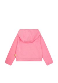 Helles rotes Hoodie aus Baumwolle, mit Kapuze, langen Ärmeln und kurzem Design. Enthält ein kleines gelbes Etikett an der Seite.
