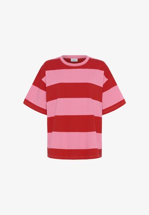 Červeno-růžové pruhované tričko s krátkými rukávy, kulatým výstřihem a bavlněným materiálem. Obsahuje střídající se široké pruhy a volný střih.
