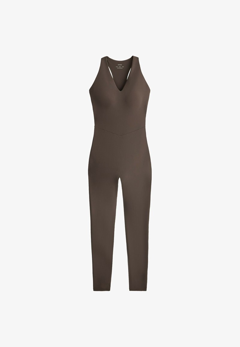 Combinaison marron sans manches avec décolleté en V et jambes ajustées, conçue pour une coupe près du corps et profilée.
