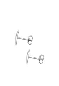 Boucles d'oreilles en métal argenté avec un design de disque lisse et arrondi. Dotées d'une attache sécurisée pour un port confortable. Style simple et minimaliste.