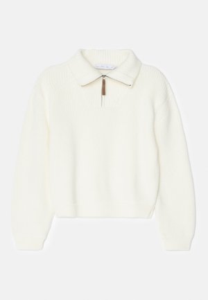 Weißer Strickpullover mit flachem Kragen, Viertelreißverschluss und gerippten Bündchen und Saum. Weicher Stoff, lässige Passform.