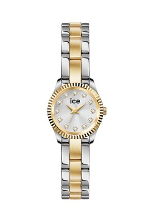 Dvoubarevné dámské hodinky z kovu se zlatou a stříbrnou barvou, kulatým ciferníkem, krystalovými indexy, zlatými ručičkami a logem „ice“ na bílém ciferníku.