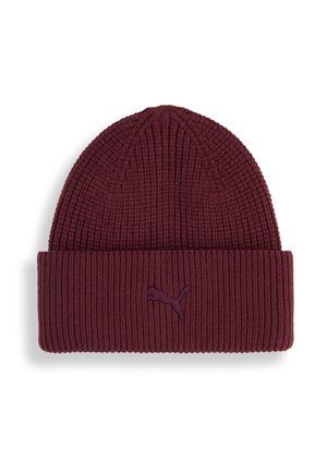 Bonnet bordeaux en tricot côtelé avec un revers et un logo brodé de la même couleur à l'avant.