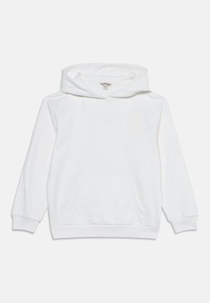 Sweat à capuche blanc avec poche kangourou devant et logo embossé "Guess" sur la poitrine.