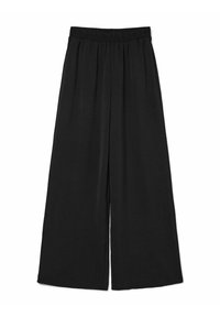 Czarne spodnie o szerokich nogawkach wykonane z lekkiego, fakturowanego materiału. Posiadają elastyczny pas dla wygody oraz luźny krój na całej długości.