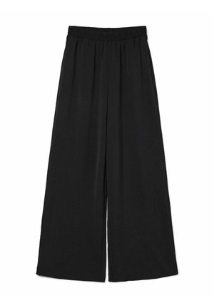 Svarte vide bukser laget av et lett, teksturert stoff. Har en elastisk midje for komfort og en avslappet passform gjennom hele buksen.