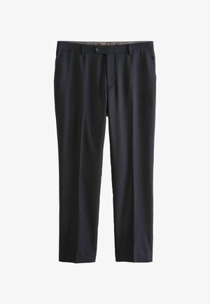 Dunkelnavy Hose aus glattem Stoff, mit einem Reißverschluss vorne, Knopfverschluss und seitlichen Taschen. Taillierte Passform mit geradem Bein.
