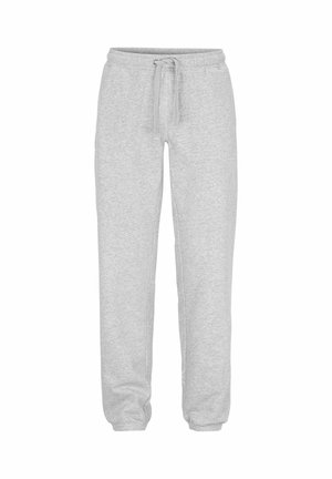 Grå bomuldsjoggingbukser med elastisk taljebånd og justerbar snøre, med tilspidsede ben og ribstrikkede manchetter ved anklerne.